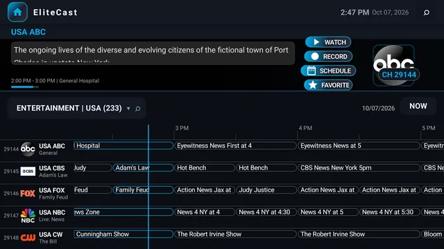 EliteCast with EliteAtlas: that channel row is filled with programs across the timeline.