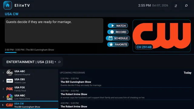EliteTV with EliteAtlas: the same channel now lists the show on now and the shows coming up next.