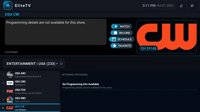 EliteTV before EliteAtlas: the channel says programming details are not available, and there are no upcoming programs.