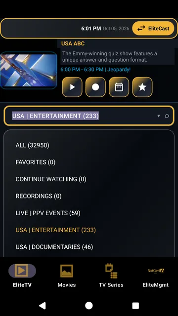 Phone screen: the category list open over live TV, showing how many channels each category holds.