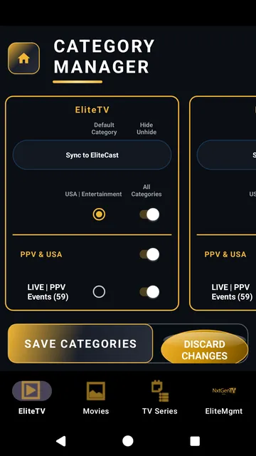 Phone screen: the category manager, where each screen gets its own default and hidden categories.