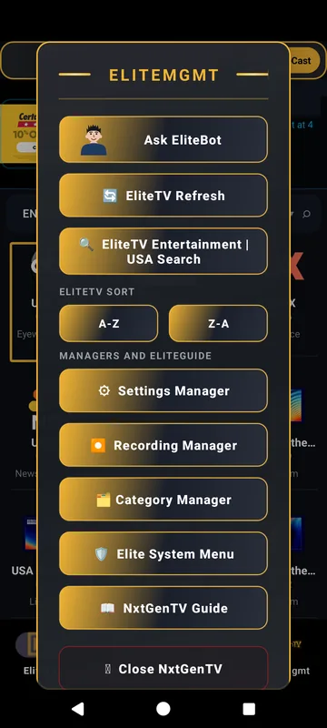 Phone screen: the same glass EliteMgmt menu in the Gold accent.