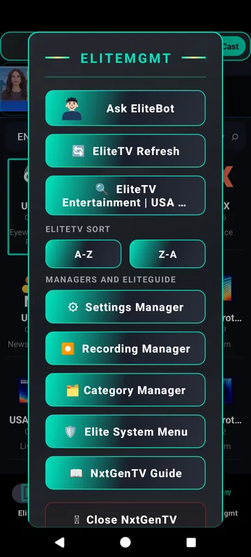 Phone screen: the glass EliteMgmt menu in the Teal accent with larger text, with Ask EliteBot, refresh, search, sort and the manager screens.