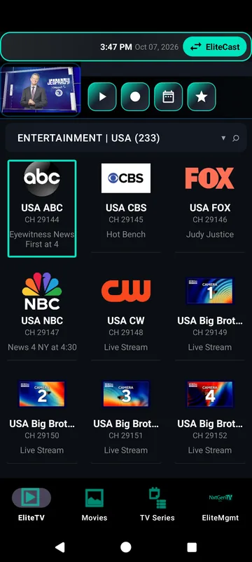 Phone screen: EliteTV in the Teal accent, with a live preview and watch, record, schedule and favorite buttons above a grid of channels showing what each one is playing.