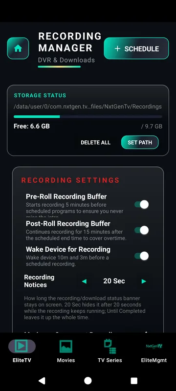 Phone screen: the Recording Manager in the Teal accent, with storage status and free space, and recording settings for starting early, running late and waking the device before a recording.