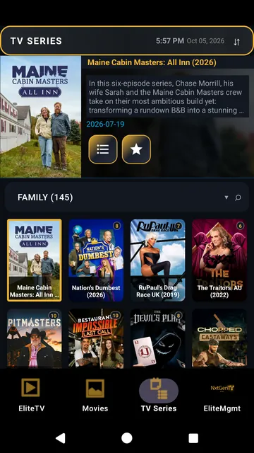 Phone screen: the series library, with the selected series' details above a grid of posters.