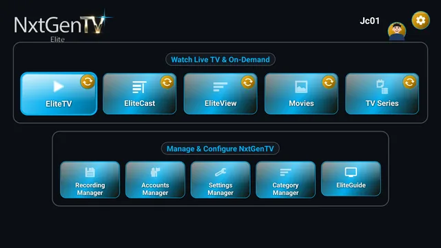 TV screen: the NxtGenTv Elite home screen in the Blue accent with larger text, with tiles for EliteTV, EliteCast, EliteView, Movies, TV Series and the managers.