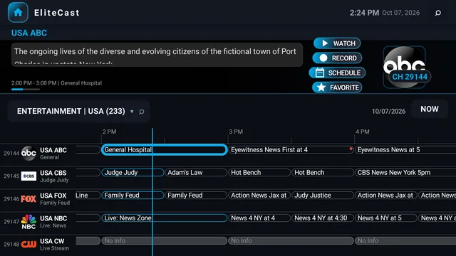 TV screen: EliteCast, with channels down the side and programs across a shared timeline and now-line, below the selected show's details.