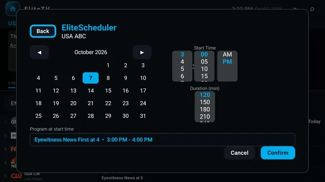 TV screen: EliteScheduler with a calendar, a start time and a recording length for the chosen show.