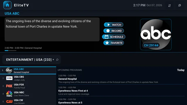 TV screen: EliteTV in the Blue accent with larger text, showing the selected channel's show above the channel list.