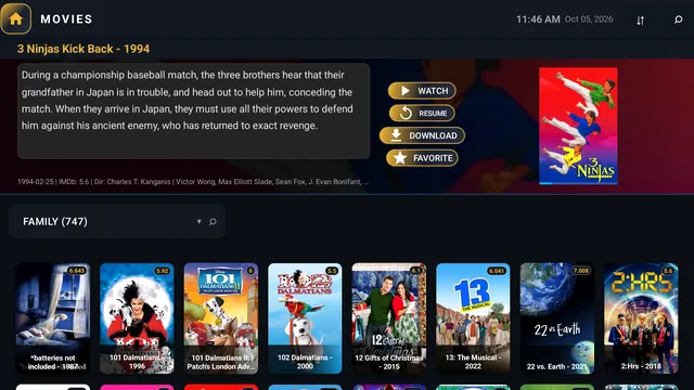 TV screen: the film library, with the selected film's details above a row of posters.