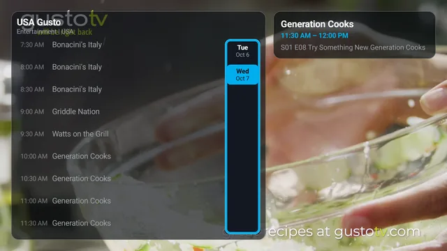 TV screen: one channel's schedule on a see-through glass panel, with the channel still playing full screen behind it.