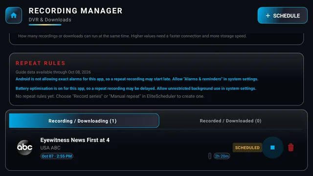 TV screen: the Recording Manager, with a scheduled recording in the Recording / Downloading list below the repeat rules.