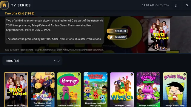 TV screen: the series library, with the selected series' details above a row of posters.