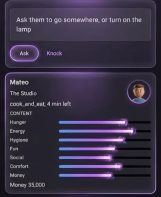 Concept art: glowing glass cards, one with a prompt to ask a neighbour to go somewhere or turn on the lamp, with Ask and Knock buttons, and one showing Mateo's needs as bars.