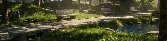 Concept art: a sunlit park with stone benches along a path, tall trees and a small pond.