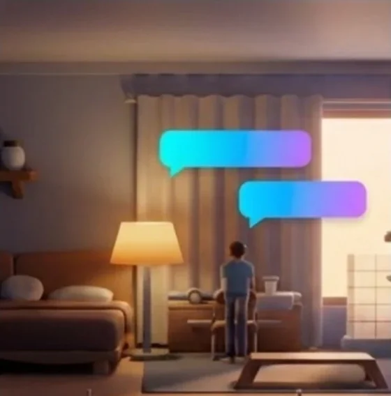 Concept art: a warm studio interior at dusk, with a sofa bed, a glowing floor lamp, and a neighbour at a desk by the window under two speech bubbles.