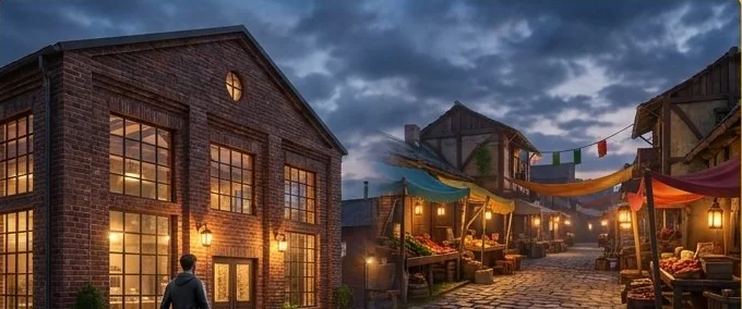 Concept art: a brick studio building with lit windows beside a cobbled market street of lantern-lit stalls at dusk, with a neighbour walking past.
